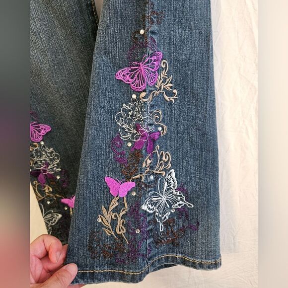Route 66 Jeans Girl's Sz 12 (26x28) Low Rise Flare Dark Wash Floral Embroidered - Picture 5 of 10